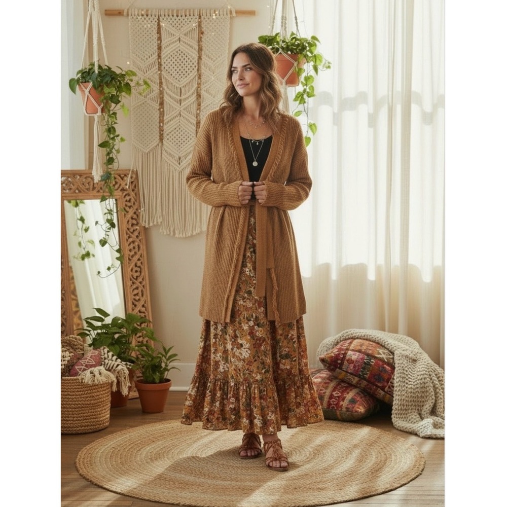 Antonio Melani Masiee Fringe Longline Belted Cardigan S Tan